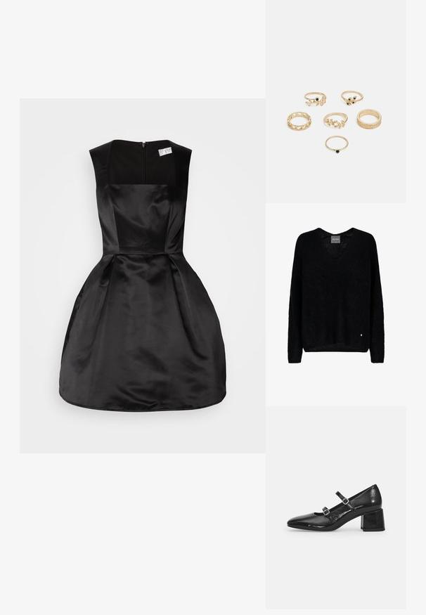 Musta ylikokoinen neule, jossa V-aukko ja pitkät hihat, valmistettu tekstuurillisesta kankaasta. Huomionarvoinen yksityiskohta on pieni metallinen logokoriste helmassa.; Mustan satiinimekko neliönmallisella kaula-aukolla, olkaimettomalla muotoilulla, tiukalla vartalonmyötäisellä yläosalla ja levenevällä hameella, jossa on takana vetoketjukiinnitys.; Musta kiiltonahkainen Mary Jane -kenkä, jossa on terävä kärki, kaksi säädettävää hihnaa ja tilava lohkoarkki. Liukas pinta ja kiiltävä viimeistely.; Kuusi kultasormusta, joissa on erilaisia kuvioita: punottuja, lehtimuotoisia ja kiinteitä renkaita; osa niistä on varustettu vihreillä jalokivikoristeilla.