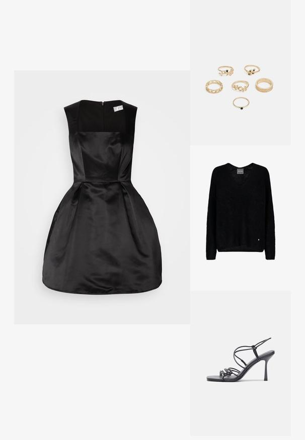 Black oversized sweater with a V-neck, long sleeves, made from a textured fabric. Notable detail includes a small metallic logo accent at the hem.; Black satin dress with a square neckline, sleeveless design, fitted bodice, and flared skirt, featuring a rear zipper closure.; Black high-heeled sandals feature thin straps with a knotted design, a smooth square toe, and a sleek stiletto heel.; Set of six gold rings featuring various designs: braided, leaf motifs, and solid bands; some with green gemstone accents.