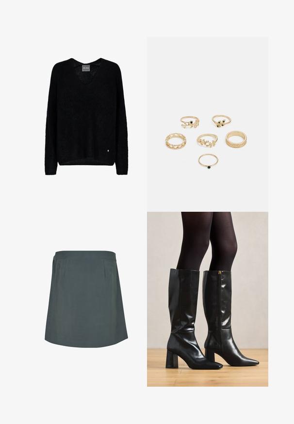 Pulover negru, supradimensionat, cu decolteu în V și mâneci lungi, realizat dintr-un material texturat. Un detaliu remarcabil este un mic logo metalic la tiv.; Două bluze cu mânecă lungă și guler înalt, una albă și una neagră, realizate dintr-un material neted și elastic, ambele având un design slim-fit.; Fustă verde închis, până la genunchi, cu o textură netedă, având un brâu plat și pliuri subtile în față. Design simplu și funcțional.; Cizme din piele neagră, până la genunchi, cu un finisaj lucios, vârf ascuțit și toc chunky. Detaliu cu fermoar pe lateral pentru o purtare ușoară.; Set de șase inele aurii cu diferite designuri: împletite, cu motive de frunze și benzi solide; unele cu accente de pietre prețioase verzi.
