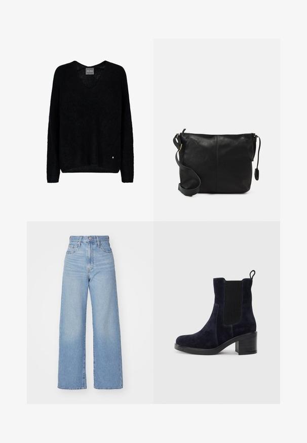 Black oversized sweater with a V-neck, long sleeves, made from a textured fabric. Notable detail includes a small metallic logo accent at the hem.; Light blue high-waist wide-leg jeans with front button and zip closure, front and back pockets, on a white background.; Navy blue suede ankle boot with elastic side panel, rounded toe, and block heel. Textured fabric and smooth sole add contrast.; Black leather crossbody bag with a flat shape, gold hardware accents, and an adjustable strap. Smooth texture with minimal stitching details.