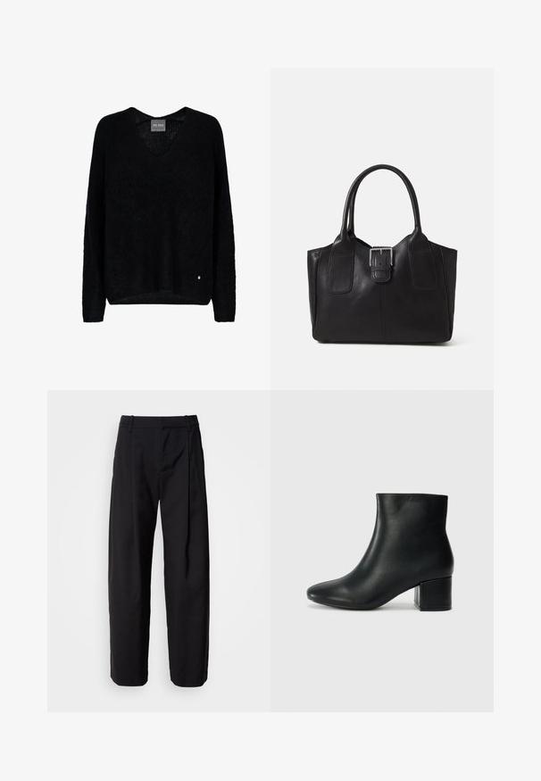 Musta ylikokoinen neule, jossa V-aukko ja pitkät hihat, valmistettu tekstuurillisesta kankaasta. Huomionarvoinen yksityiskohta on pieni metallinen logokoriste helmassa.; Mustat housut rentoa istuvuutta, laskostettu etuosa ja vyölenkit. Sileä kangas ja suorat lahkeet, joissa on sivutaskut.; Musta nahkasaappaat nilkkapituudella, jossa on terävä kärki ja paksu korko. Silkkinen pinta, jossa on minimaaliset yksityiskohdat ja tyylikäs, istuva muotoilu.; Musta nahkainen olkalaukku, jossa on sileä pinta, ryhdikäs muoto, kaksi kahvaa ja silmienpistävä hopeinen solkiyksityiskohta edessä.