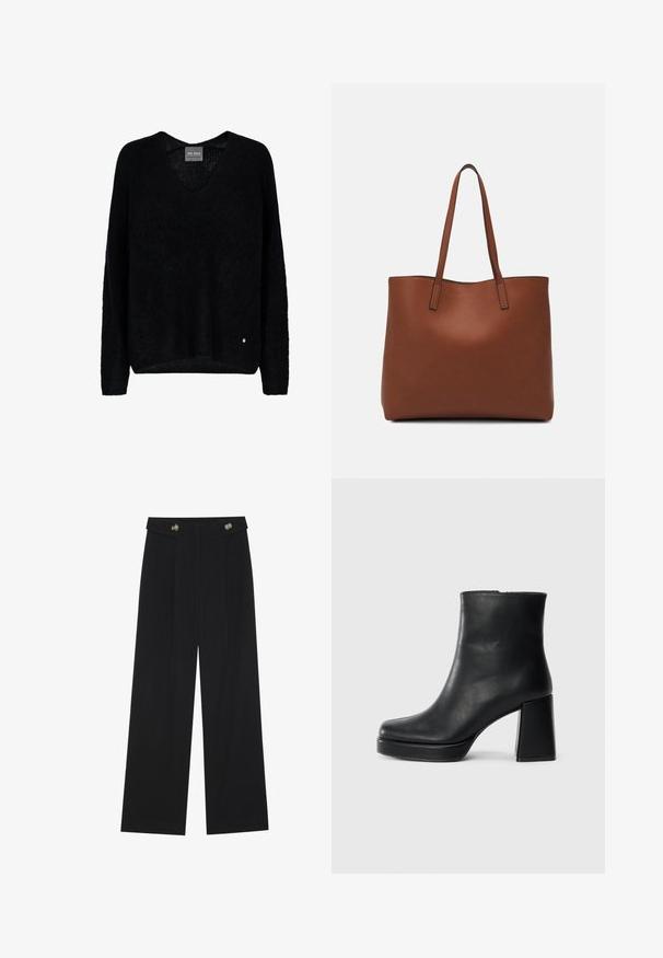Svart oversized genser med V-hals, lange ermer, laget av et strukturert stoff. Merkbar detalj inkluderer en liten metallisk logo ved kanten.; Svart vide bukser med høy midje, knappdetaljer på midjebåndet og frontplisser.; Sorte skinnankelsko med blokkhæl og plattformsåle, sett fra siden på en enkel hvit bakgrunn.; Brun lær tote veske med en jevn tekstur, åpen toppdesign og to skulderstropper. Har minimal søm og ingen synlige spiker.