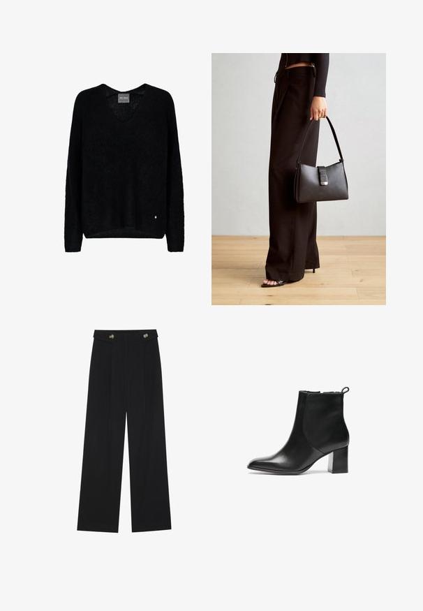 Black oversized sweater with a V-neck, long sleeves, made from a textured fabric. Notable detail includes a small metallic logo accent at the hem.; Black wide-leg trousers with high waist, button details on waistband, and front pleats.; Black leather ankle boot with a rounded toe, a mid-height block heel, and a pull tab at the back. Smooth texture, minimal design.; Black handbag with structured shape, smooth texture, and a metallic clasp. Paired with wide black pants and open-toe sandals on wooden floor.