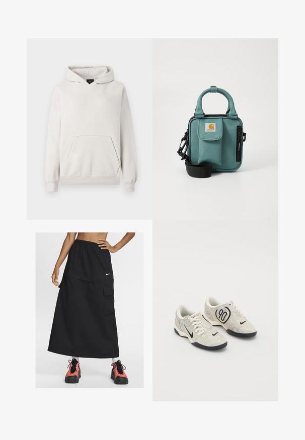 Felpa grigia chiara realizzata in tessuto morbido. Presenta una tasca a marsupio, polsini a coste e un piccolo logo bianco sul petto.; Gonna maxi nera sportiva con vita elastica, dotata di una tasca frontale e logo Nike. Indossata con scarpe da ginnastica colorate.; Sneakers Nike con una parte superiore testurizzata beige e grigia, dettagli neri, un grande logo "90" e una chiusura con lacci bianchi. Suola nera.; Borsa a tracolla in tessuto color turchese con manici corti, tasca con zip, tasca anteriore con patta, tracolla regolabile e logo Carhartt sul davanti.
