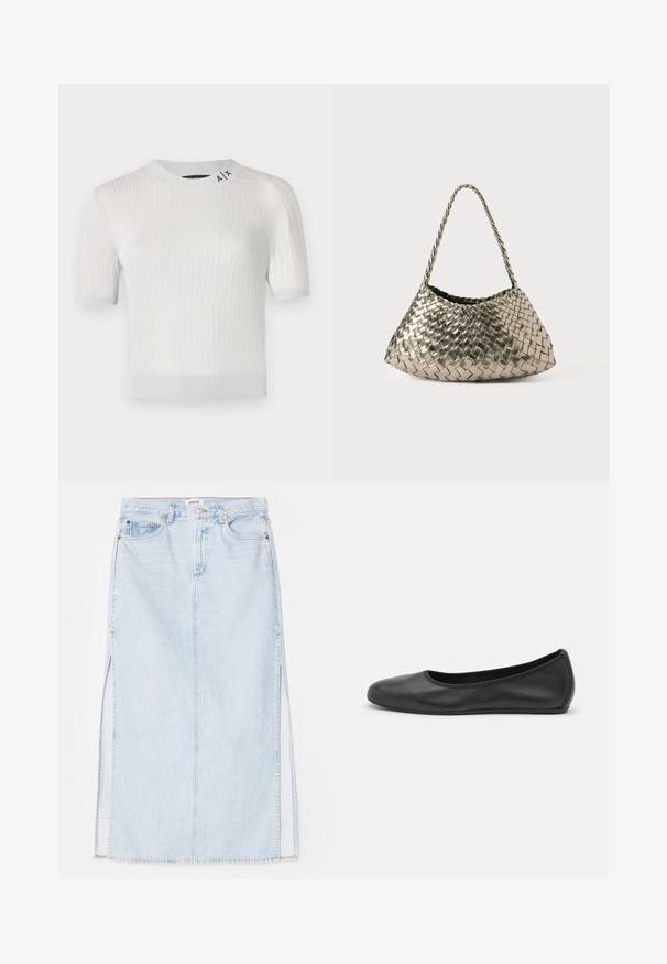 White short-sleeve ribbed sweater with a round neckline, featuring a logo detail near the collar and a smooth, slightly shiny texture.; Light blue denim maxi skirt with a straight cut, featuring side slits and five-pocket design. Prominent stitching and metal button closure.; Black leather ballet flat with a rounded toe, smooth texture, minimal stitching detail, and a flexible sole design.; Metallic woven handbag with a triangular shape, featuring a braided strap and a velvet-lined interior. Color: silver. Texture: smooth and fabric-like.