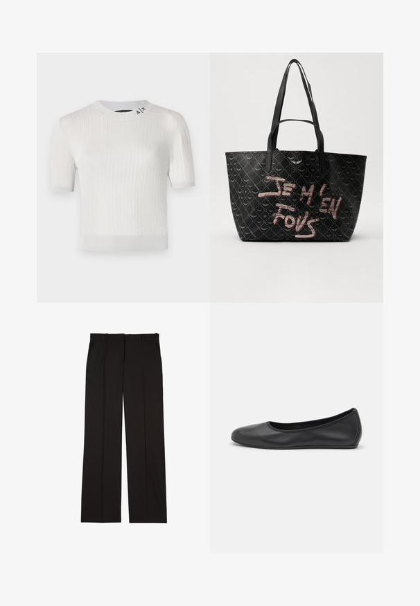 Witte korte mouwen ribbeltrui met een ronde halslijn, voorzien van een logodetail nabij de kraag en een gladde, licht glanzende textuur.; Zwarte op maat gemaakte broek van een gladde stof, met een rechte pijp en twee zijzakken. Elegante en minimalistische constructie.; Zwarte leren ballerina met een ronde neus, gladde textuur, minimale stikdetails en een flexibele zoolontwerp.; Zwarte tote bag van gestructureerd materiaal met een diamanten patroon, schouderbanden en vetrode en witte tekst met de tekst "JE M'EN FOUS."