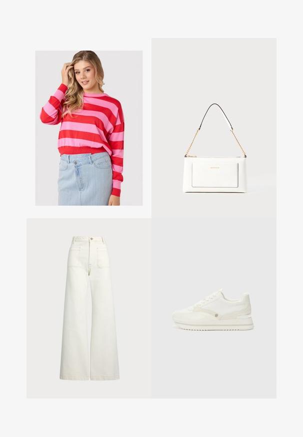 Punainen ja vaaleanpunainen raidallinen neule, jossa on pyöreä kaula-aukko ja rento istuvuus, yhdistettynä vaaleansiniseen farkkuhameeseen. Pehmeä neulemateriaali.; Reisitaskuhousut vaaleanvalkoisesta denimestä. Korkea vyötärö, napitus, kaksi etutaskua ja kontrastiväriset ompeleet.; Valkoiset tennarit, joissa on yhdistelmä sileitä ja tekstuuripintoja, joissa on hillitty logo, nauhakiinnitys ja sahalaitapohja.; Valkoinen nahkalaukku tekstuuripinnalla, jossa on kultaketjuolkaimet ja mustia yksityiskohtia. Mukana etutasku ja vetoketjusulku.