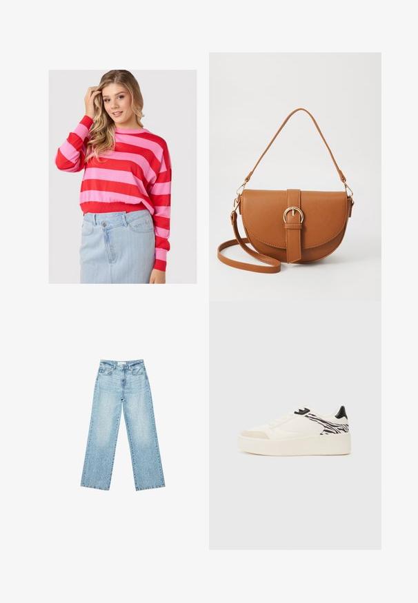 Punainen ja vaaleanpunainen raidallinen neule, jossa on pyöreä kaula-aukko ja rento istuvuus, yhdistettynä vaaleansiniseen farkkuhameeseen. Pehmeä neulemateriaali.; Vaaleansiniset leveälahkeiset farkut korkealla vyötäröllä, joissa on haalistunut pesu ja pieniä, satunnaisia kulumisia ympäriinsä.; Even&Odd Matalavartiset tennarit - white/black; Ruskean nahkainen olkalaukku, jossa on kaareva muoto, kultaiset yksityiskohdat ja solkiyksityiskohta. Varustettu irrotettavalla olkahihnalla.