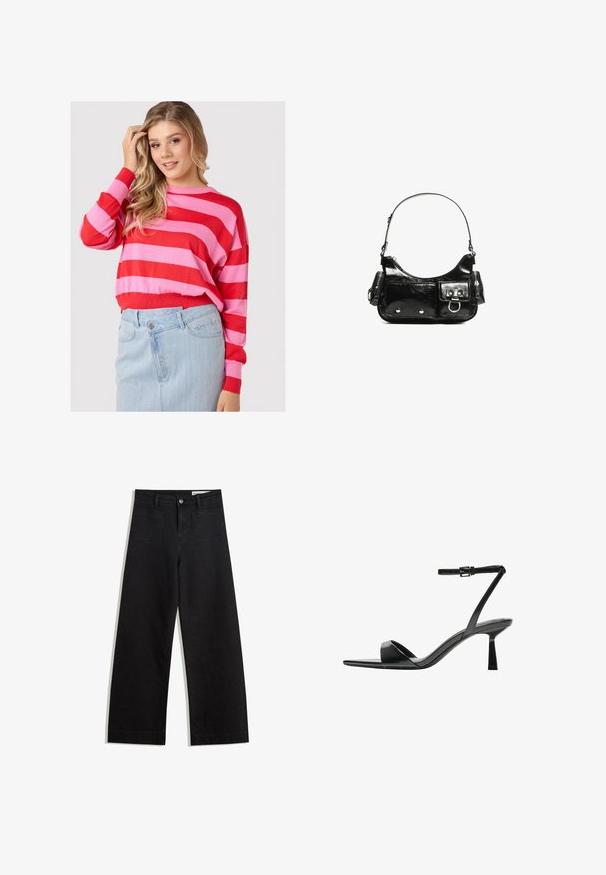 Pulover cu dungi roșii și roz, cu guler rotund și croială lejeră, asortat cu o fustă din denim de un albastru deschis. Material moale din tricot.; Pantaloni din denim negri cu picioare largi, cu talie înaltă, având buzunare frontale și posterioare, cusături dublate și închidere cu nasture. Textură netedă.; Bershka Sandale cu toc - black; Geantă de mână din piele lăcuită neagră, cu o formă curbată, un umăr, buzunare frontale și accente din metal argintiu.