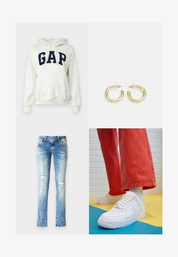 GAP HERITAGE - Športni pulover - carls stone; Svetlo modri jeans iz denima z sproščenim krojem, ki imajo obrabljene podrobnosti, gumbasto zapiranje z dvema gumboma in ravno krojene hlačnice.; Beli usnjeni športni čevlji s perforiranim prstnim delom, teksturiranim podplatom in belimi vezalkami, v kombinaciji s širokimi rdečimi hlačami in modro-rumeno ozadje.; Zlate uhane v obliki obročkov z gladko, sijočo površino. Krožna zasnova s majhnim nosilcem in prozornim podplatom za varno nošenje.