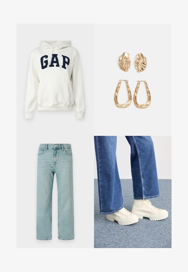 GAP HERITAGE - Sweatshirt - carls stone; Lys blå vidbukser laget av denim, med et klassisk fem-lomme design, rene linjer og en vanlig midje med knappefeste.; Hvite høyhælte joggesko med tykke, rillede såler og sirkulær logo detalj, brukt med lyseblå, vide denim jeans.; Gullfargede øredobber med teksturerte, bølgete former. Inkluderer skulpturelle klipsstuds og åpen hoop-design med en hamret finish.