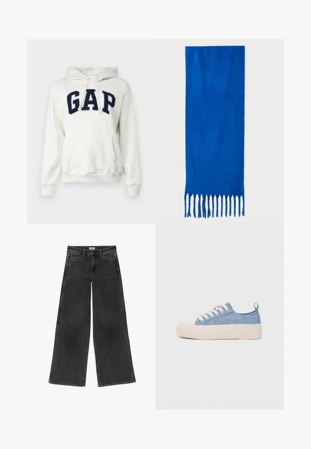 GAP HERITAGE - Sweater - carls stone; Wrangler WORLD WIDE - Wide leg - streak; Lichtblauwe canvas sneakers met een crème rubberen neuskap en zool, voorzien van witte veters en een trekstrip op de hiel.; Blauwe sjaal met franjes, gemaakt van zachte stof; heeft een effen kleur met een gestructureerd oppervlak en gelijkmatig gesneden franjes aan de onderkant.