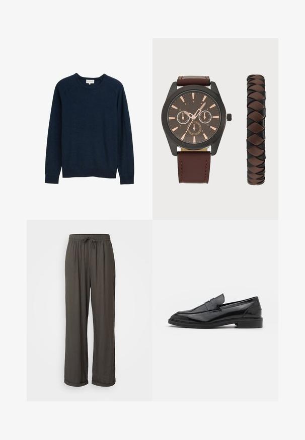 Mornarsko modra pulover z okroglim izrezom, izdelan iz teksturirane tkanine, z dolgimi rokavi in ribastimi manšetami, z majhnim logotipom na rokavu.; Temno siva široka hlače z elastičnim pasom, izdelane iz mehke, strukturirane tkanine, z zavihanimi manšetami na gležnjih.; Črne usnjene loafersice z gladko površino, s zaobljenim prstom in ozkim pasom čez zgornji del. Nizek zložen petek.; Pier One SET - Ura - black/brown