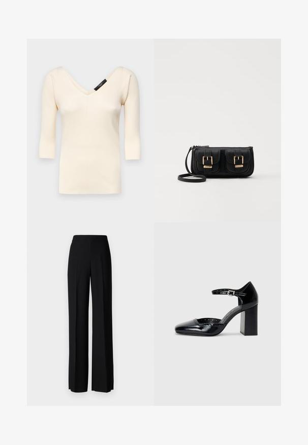 Weekend Max Mara OCEANO - Pullover - ecru; Pantalons noirs à jambes larges avec une texture lisse, dotés d'une taille haute et de plis centraux. Pas de motifs visibles ni de détails en matériel.; Chaussures à talons hauts en cuir verni noir avec un bout carré, une bride de cheville et un talon épais. Comprend des détails perforés le long du bord.; Sac en cuir noir porté en travers avec deux poches avant, boucles dorées, fermeture zippée et une sangle fine. Surface texturée et forme rectangulaire compacte.