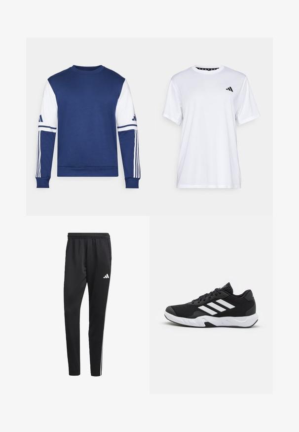 Zils džemperis ar baltām piedurknēm. Satur trīs baltas svītras gar piedurknēm un apļa kaklu. Izgatavots no mīksta, strukturēta auduma.; Balts sporta T-krekls ar īsām piedurknēm, izgatavots no mitrumu absorbējoša auduma. Tam ir melns logo kreisajā krūtī un rakstains iekšējais apkakles piegriezums.; Melnas sporta bikses ar stiepjas jostu, baltām sānu svītrām un mazu baltu logo uz augšstilba. Izgatavotas no gludas, vieglas materijas.; Melnas sporta kurpes ar teksturētu acu augšdaļu, baltām akcentu svītrām, mīkstu zoli un pastiprinātu papēdi atbalstam.