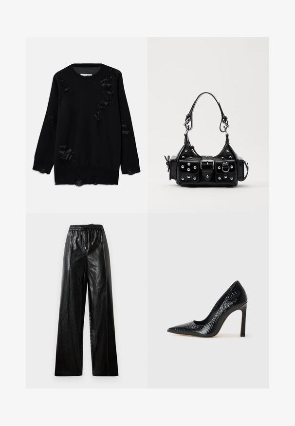 Melns džemperis, izgatavots no mīksta auduma, ar vairākiem nolietotiem laukumiem, apaļu kakla izgriezumu un garām piedurknēm. Tekstūrēta apdare pie malām.; Melni ādas bikses ar plašu kāju griezumu, elastīgu jostu, auklām un zelta detaļām. Gluda tekstūra un brīvs piegriezums.; Melni augstpapēžu apavi ar norādītu purngalu, ar krokodila ādas tekstūru, izceļoties ar elegantu dizainu, augstu stiletto papēdi un gludu melnu interjeru.; Melnas ādas rokturmais ar izliekumu, ar sudraba iedurtiem, sprādzi un divām sānu kabatām. Regulējams siksniņas garums dažādām nēsāšanas iespējām.