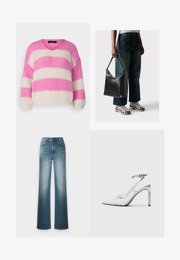 Gestrickter V-Ausschnitt-Pullover mit abwechselnd dicken rosa und cremefarbenen horizontalen Streifen. Lockere Passform mit puffartigen Ärmeln und gerippten Bündchen.; Helle blaue weite Jeans aus Denim. Mit hoher Taille, Fünf-Taschen-Design und einem Verblassungseffekt von oben nach unten.; Klarer Stiletto-Absatzschuh mit spitzer Zehe, transparentem Material, metallisch silbernen Akzenten und verstellbarem Knöchelriemen.; Schwarze Leder-Schultertasche mit glatter Textur und verstellbarem Riemen, kombiniert mit ausgewaschenen weit geschnittenen Jeans und sportlichen Sneakern.