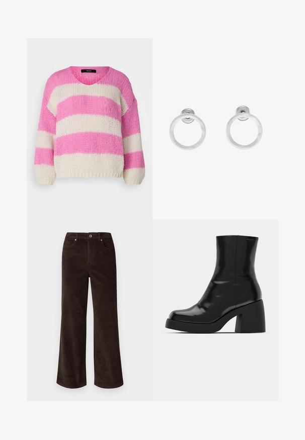 Gebreide V-halstrui met afwisselend brede roze en crèmekleurige horizontale strepen. Losse pasvorm met pofmouwen en geribbelde manchetten.; Vero Moda Petite VMTESSA PANTS - Broek - chocolate torte; Zwarte enkellaarzen met een glanzende afwerking, vierkante neus en een dikke blokhak. Het ontwerp heeft een naadloze silhouet en minimale branding.; Zilveren metalen ringoorbellen met een geborstelde textuur, met een ronde vorm en een transparante bevestiging voor een veilige draagwijze.