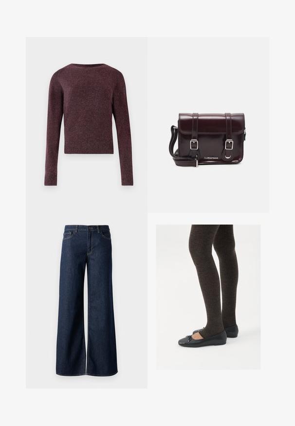Burgunderfarbener Strickpullover mit langen Ärmeln, Rundhalsausschnitt, gerippten Bündchen und Saum, aus einem weichen, texturierten Stoff in einer leicht kastigen Form.; Weite Jeans in dunkelblauem Denim. Merkmale sind kontrastierende Nähte, fünf Taschen und ein Knopfverschluss an der Taille. Glatte Textur.; Schwarze flache Schuhe mit einem kleinen Schleifendetail an der Zehe, kombiniert mit dunkelbraunen gerippten Strumpfhosen. Die Schuhe haben eine glatte Textur und ein niedriges Profil.; Burgunderfarbene Patelleder-Crossbody-Tasche mit rechteckiger Form, zwei Riemen, silberfarbener Hardware und einem Klappenverschluss.