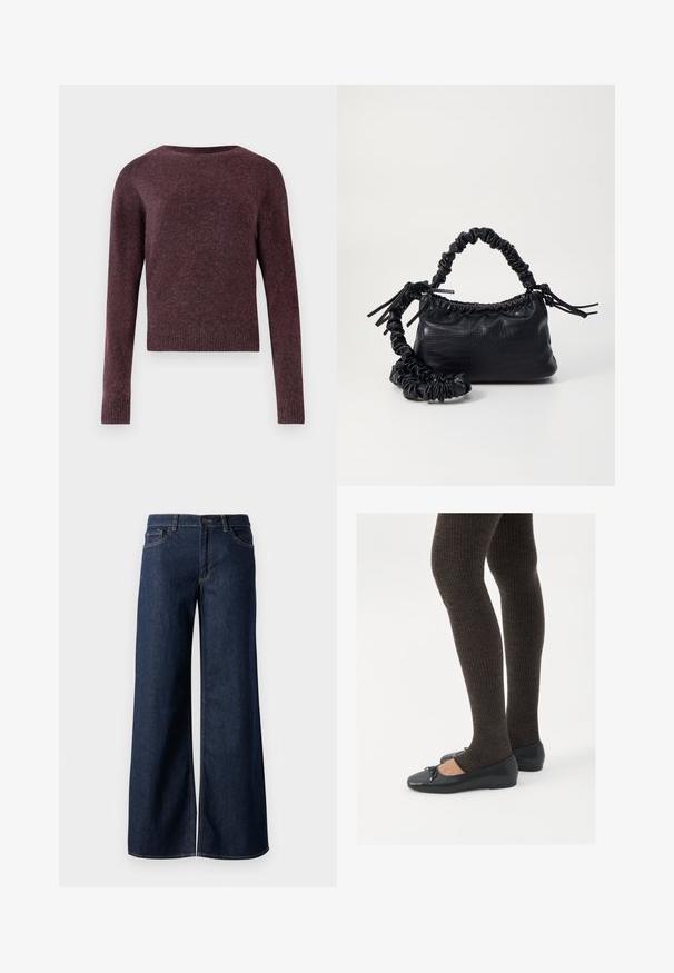 Pulover tricotat bordeaux cu mâneci lungi, decolteu rotund, cu manșete și tiv răsucite, având un material moale și texturat într-o formă ușor boxy.; Jeanși cu picioare largi din denim albastru închis. Prezintă cusături contrastante, cinci buzunare și o închidere cu nasture la talie. Textură netedă.; Pantofi negri cu un detaliu mic de fundiță la vârf, asortați cu colanți maro închis, cu textură ondulată. Pantofii au o textură netedă și un profil joase.; Geantă din faux leather neagră cu textură de crocodil, cu partea superioară strânsă și o curea mototolită. Pare moale și compactă ca design.