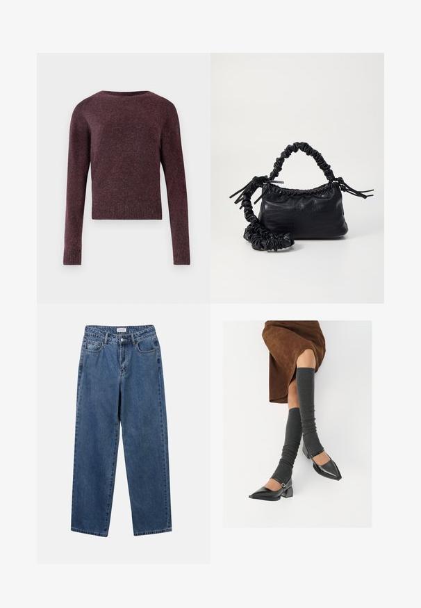 Maglione burgundy a maglia con maniche lunghe, scollatura a girocollo, polsini e orlo ribattuti, realizzato in un tessuto morbido e testurizzato con una forma leggermente oversize.; Jeans in denim blu classico con design a gamba dritta, cinque tasche e chiusura con bottone. Presentano un lavaggio medio e una trama robusta.; Scarpe nere in pelle verniciata con punta affilata, tacco a blocco e cinturino alla caviglia, abbinate a scaldamuscoli grigi a coste e una gonna in suede marrone.; Borsa a tracolla in ecopelle nera con texture a coccodrillo, apertura cinchata e tracolla arricciata. Si presenta con un design morbido e compatto.