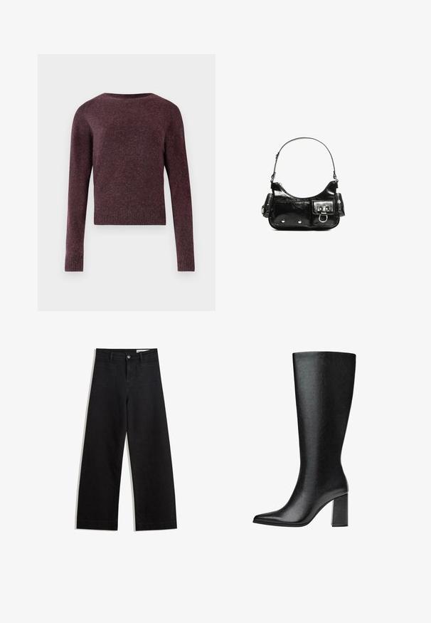 Bordeaux neulepaita, jossa on pitkät hihat, pyöreäkaula, taitetut hihat ja helma. Paita on valmistettu pehmeästä, teksturoidusta kankaasta ja siinä on hieman laatikkomainen muoto.; Mustat leveät farkut korkealla vyötäröllä, joissa on etu- ja takataskut, ommellut saumat ja nappisuljenta. Silkinoinen rakenne.; Mustat, polveen saakka ulottuvat saappaat, jotka on valmistettu tekonahasta, teräväkärkiset, sileäpintaiset ja joissa on paksu lohko korko. Minimalistinen muotoilu ilman näkyviä yksityiskohtia.; Mustekko mustasta kiiltonahasta valmistettu käsilaukku, jossa on kaareva muoto, yksi olkahihna, etutaskut ja hopeanväriset yksityiskohdat.