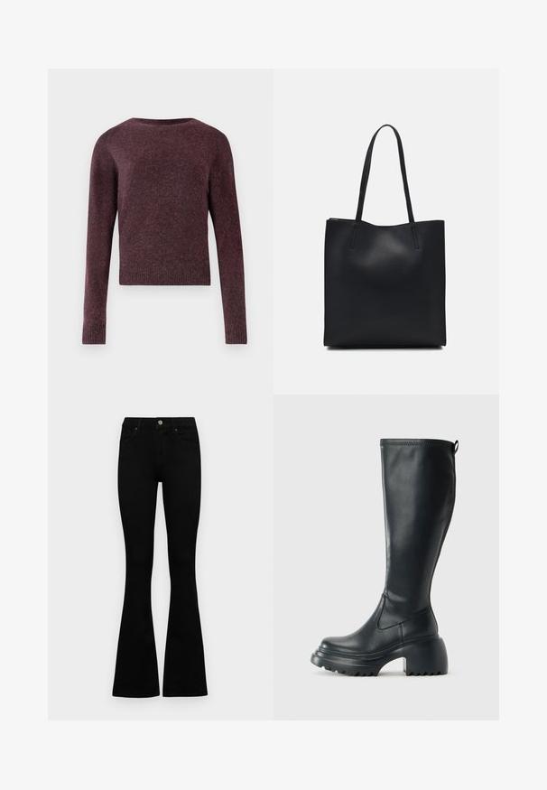 Bordó kötött pulóver hosszú ujjal, kerek nyakkivágással, bordás mandzsettával és szegéllyel, puha, érdes textúrájú anyagból, kissé dobozszerű fazonban.; Fekete, magas derekú farmernadrág gomb- és cipzárzárral, elülső zsebekkel és harangszárral, laposan egy fehér háttérre terítve.; Magas fekete bőrcipő, vastag platform talppal és blokk sarokkal, húzófüllel és texturált profillal az outsole-on.; Fekete bőrtáska sima felszínnel, téglalap alakú, két hosszú füllel. Nincs látható fémkiegészítő vagy díszítés.