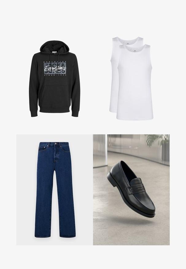 Felpa con cappuccio nera in misto cotone, dotata di tasca frontale a marsupio, polsini a costine e stampa grafica con testo "Jack & Jones Essentials".; Top in cotone bianco, design senza maniche, collo rotondo, texture liscia, realizzato in un tessuto morbido e leggero. Due pezzi esposti.; Jeans in denim blu scuro con taglio dritto, dotati di cuciture arancioni, patta con bottoni e due tasche frontali con rivetti a contrasto.; Mocassino in pelle nera con texture liscia, punta appuntita e una fascia decorativa sul collo del piede. Suola leggera, design minimale.