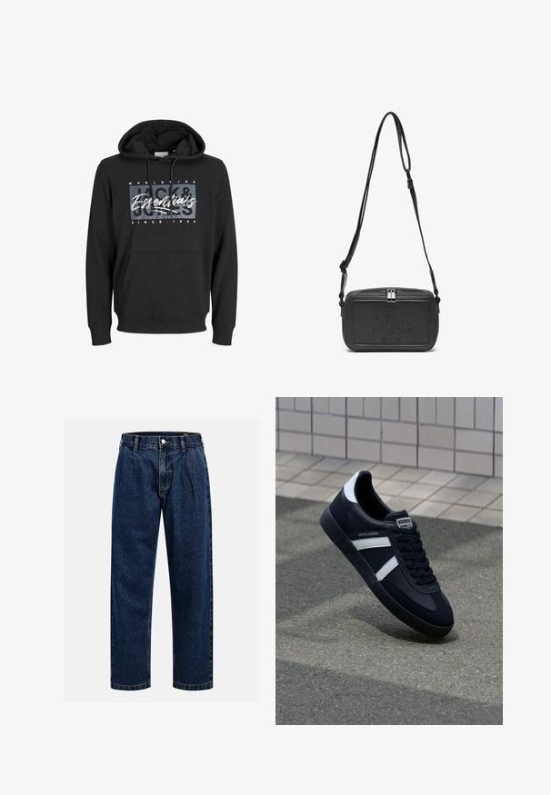 Čierna mikina s kapucňou vyrobená z bavlnenej zmesi, s prednou klokankovou vreckom, pruhovanými zápästiami a grafickým potlačou so textom "Jack & Jones Essentials".; Tmavo modré džínsy s rovnými nohavicami. Obsahujú viditeľné švy, zapínanie na gombík a predné skladanie pre zvýraznenie detailov.; Čierne kožené tenisky s bielymi pruhmi, textúrovanou gumovou podrážkou a šnurovaním vpredu. Obsahujú označenie značky na jazyku.; Čierna kožená crossbody taška so zipsom, s embosovaným logom na prednej strane a nastaviteľným popruhom. Hladká textura a obdlžníkový tvar.