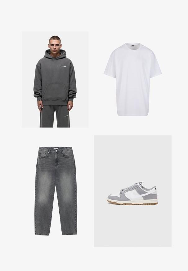 Szary hoodie z kapturem i kieszenią z przodu, z białym napisem logo na piersi. Tkanina wydaje się miękka i ma luźny krój.; Biała bawełniana koszulka z krótkimi rękawami, okrągłym dekoltem, luźnym krojem i bez widocznych logo lub wzorów. Gładka tekstura i minimalistyczny design.; Jeansy z wysokim stanem, luźne, w wyblakłym czarnym deninie. Posiadają pięć kieszeni, szlufki na pasek oraz prosty, klasyczny krój nogawek.; Szare i białe trampki z zamszową i skórzaną cholewą, okrągłym noskiem, płaskimi sznurówkami i gumową podeszwą z akcentem w kolorze gumy.