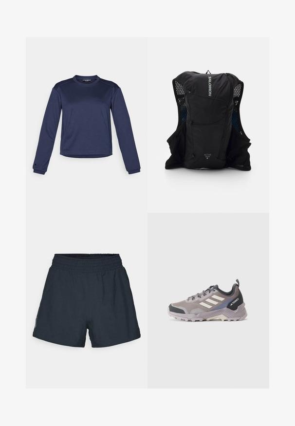 Camisola atlética azul-marinho de manga longa com um tecido texturizado, decote redondo e painéis contrastantes nos ombros. Apresenta um logótipo no peito.; Calções atléticos de um tom azul marinho escuro, feitos de um tecido leve. Cintura elástica, corte solto e sem bolsos ou padrões visíveis.; adidas Terrex TERREX EASTRAIL 2 - Sapatos de caminhada - taupe oxide/wonder alumina/preloved violet; Colete de corrida preto com bolsos laterais em malha, detalhes refletivos e um bolso com zip na frente. Fabricado com tecido leve, projetado para conforto e respirabilidade.