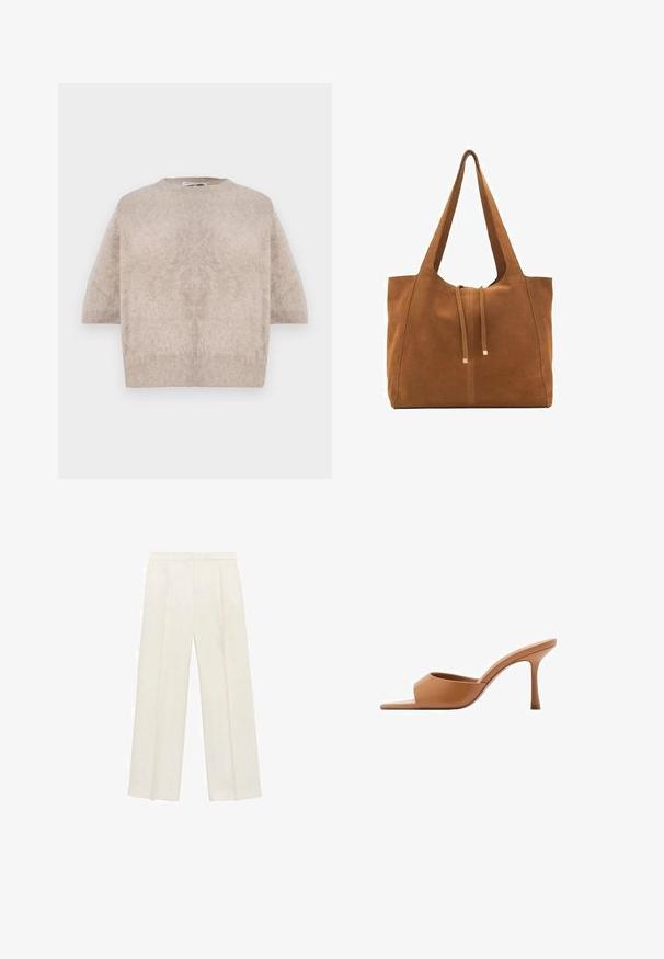 Béžový svetr s krátkým rukávem vyrobený z měkké, nadýchané látky. Má kulatý výstřih a uvolněný střih s žebrovanými lemy.; Bílá košile s krátkým rukávem vyrobená z měkké látky, s kulatým výstřihem a jednoduchým, minimalistickým designem bez viditelných vzorů nebo ozdob.; Kalhoty s širokými nohavicemi v světle krémové barvě. Vyrobené z hladké tkaniny s záhyby vpředu a bočními kapsami.; Mango PEPYT - Pantofle na podpatku - brown; Hnědá semišová taška s dvěma dlouhými popruhy, stahovací šňůrkou a minimalistickým designem. Hladký povrch a žádné viditelné kovové akcenty.