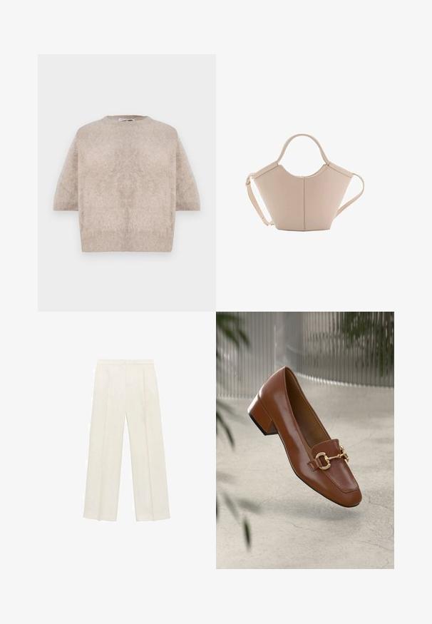 Bežna kratka majica s kratkimi rokavi iz mehke in puhaste tkanine. Ima okroglo izrezovanje in sproščen kroj z rebrastimi robovi.; Hlače širokih nogavic v svetli kremni barvi. Narejene iz gladkega materiala s plitkimi naborki spredaj in stranskimi žepi.; Rjavi lakirani loafer z kvadratnim nosom, kovinsko verigo kot okrasom in nizko blok podplatom; gladka tekstura, minimalističen dizajn.; Bežna usnjena torbica edinstvene oblike, z dvema kratkima ročajema in dolgim nastavljivim trakom. Gladka tekstura z minimalno kovinsko opremo.