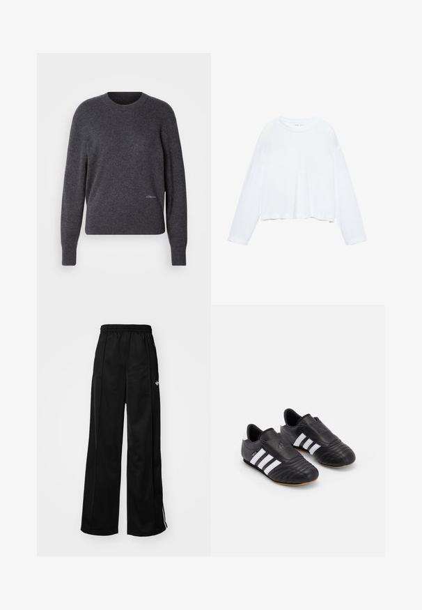 Czarnoszary sweter z okrągłym dekoltem, wykonany z miękkiego materiału. Posiada długie rękawy, ściągacze przy mankietach oraz subtelny detal z logo w dolnej części przodu.; Biała krótka koszulka z długim rękawem, wykonana z miękkiego materiału, ma okrągły dekolt i luźny krój z mankietami. Prosty i schludny design.; Czarne szerokie spodnie dresowe z elastycznym pasem, z białymi paskami po bokach i małym logo na lewym biodrze. Gładka tekstura materiału.; Czarne buty piłkarskie z teksturowanej skórzanej cholewki, z wyściełanym przodem, trzema białymi paskami po bokach oraz gumową podeszwą.