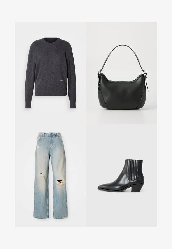 Tamsiai pilkas megztinis su apykakle, pagamintas iš minkštos medžiagos. Turi ilgas rankoves, raštuotas rankogalius ir subtile logotipą apatinėje priekyje.; Šviesiai mėlyni tiesaus kirpimo džinsai su aukštu liemeniu, dirželių kilpomis ir suplėšytais plyšiais kairėje šlaunyje, dešiniajame knee bei apatinėje kairėje kojoje.; Juodas odinis aukšto bato konstrukcijos batas su smailiu nose, elastingais šoniniais paneleis su vertikaliomis grioveliais ir žemu blokuota pakulne. Lygi tekstūra ir elegantiškas dizainas.; Juodas odinis rankinė su išlenkta forma, sidabro užtrauktuku ir trumpa rankena. Pirmoje pusėje yra subtilus logotipas ir glotni tekstūra.