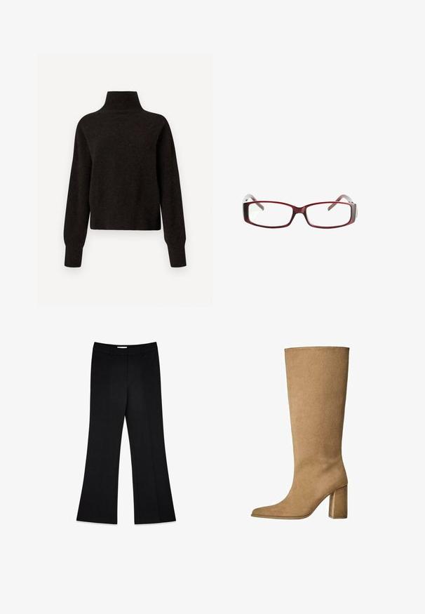 Black high-neck long-sleeve sweater with ribbed cuffs and hem, displayed on a white background.; Black flared trousers with a smooth texture, two front pleats, and a mid-rise waistband, designed for a tailored fit.; Tan suede knee-high boot with a block heel, featuring a pointed toe and smooth texture. Minimalistic design with no embellishments.; Red rectangular eyeglasses with a sleek design. Clear lenses, slightly translucent temples, and a gradient effect from red to gray.