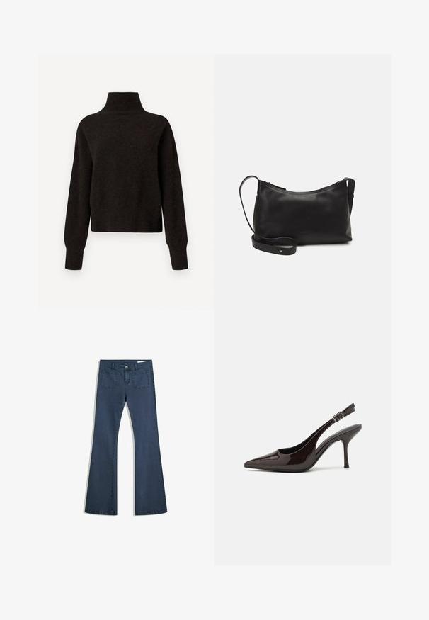Pulover negru cu guler înalt și mâneci lungi, cu mansete și tiv cu textură, expus pe un fundal alb.; Jeans din denim de un albastru închis, cu o croială evazată, buzunare cusute, închidere cu nasture și o textură netedă. Are un design clasic cu cinci buzunare.; Pantof cu toc înalt Slingback din piele sintetică lucioasă de culoare maro închis, vârf ascuțit, laterale deschise și curea ajustabilă la glezne.; Geantă de umăr din piele neagră, cu o textură netedă, formă curbată, curea ajustabilă și închidere cu fermoar. Design minimalist, fără embellishments.