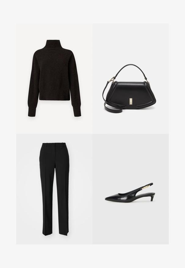 Black high-neck long-sleeve sweater with ribbed cuffs and hem, displayed on a white background.; Black tailored trousers with a straight-leg design, featuring a smooth texture and crisp creases along the front. No visible hardware.; Black leather slingback heels with a pointed toe, featuring a slim heel and a gold-tone accent on the adjustable strap. Smooth texture.; Black leather handbag with a structured design, featuring a cropped shape, top handle, and gold hardware accent. Adjustable shoulder strap included.