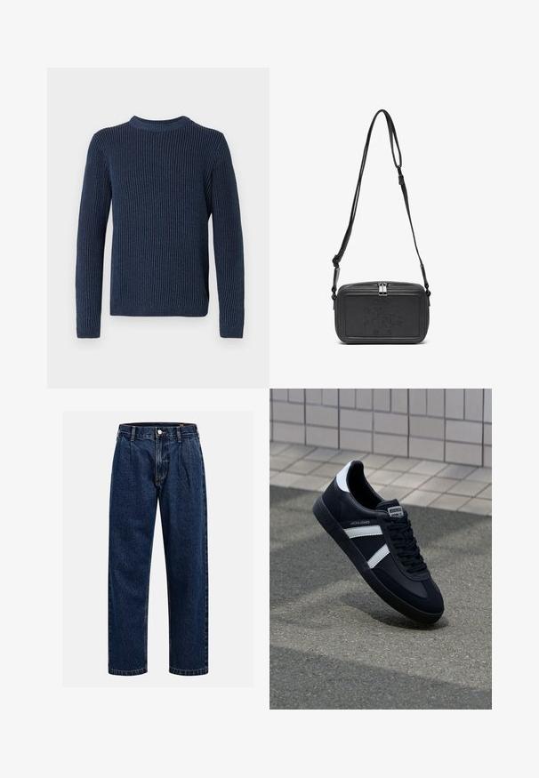 Námořnická modrá svetrovaná pletenina s dlouhými rukávy a kulatým výstřihem. Vyznačuje se texturovaným vertikálním vzorem a malým logem na lemu.; Tmavě modré džíny s rovnými nohavicemi. Mají viditelné švy, zapínání na knoflík a přední záhyby pro zvýraznění detailu.; Černé kožené tenisky s bílými pruhy, texturovanou gumovou podrážkou a šněrováním vpředu. Obsahují značenou etiketu na jazyku.; Černá kožená taška přes rameno s uzávěrem na zip, vyraženým logem na přední straně a nastavitelným popruhem. Hladký povrch s obdélníkovým tvarem.