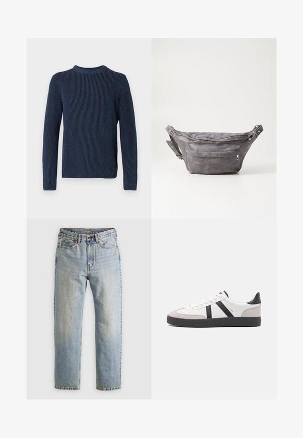Marineblauer gerippter Strickpullover mit langen Ärmeln und einem runden Ausschnitt. Besitzt ein strukturiertes, vertikales Muster und ein kleines Logo am Saum.; Helle blaue Jeans mit hoher Taille, Frontknopf, Reißverschluss und fünf Taschen-Design, flach auf einem neutralen Hintergrund ausgelegt.; Weiße Sneaker mit schwarz- und grau-aczenten, ausgestattet mit einer strukturierten grauen Zehenkappe, schwarzer Gummi-Sohle und flachen weißen Schnürsenkeln. Sauberes Design, minimalistische Stil.; Graue Wildleder-Gürteltasche mit runder Form, zwei mit Reißverschluss verschlossenen Fächern und verstellbarem Trageriemen. Mit metallischen Hardware-Akzenten.
