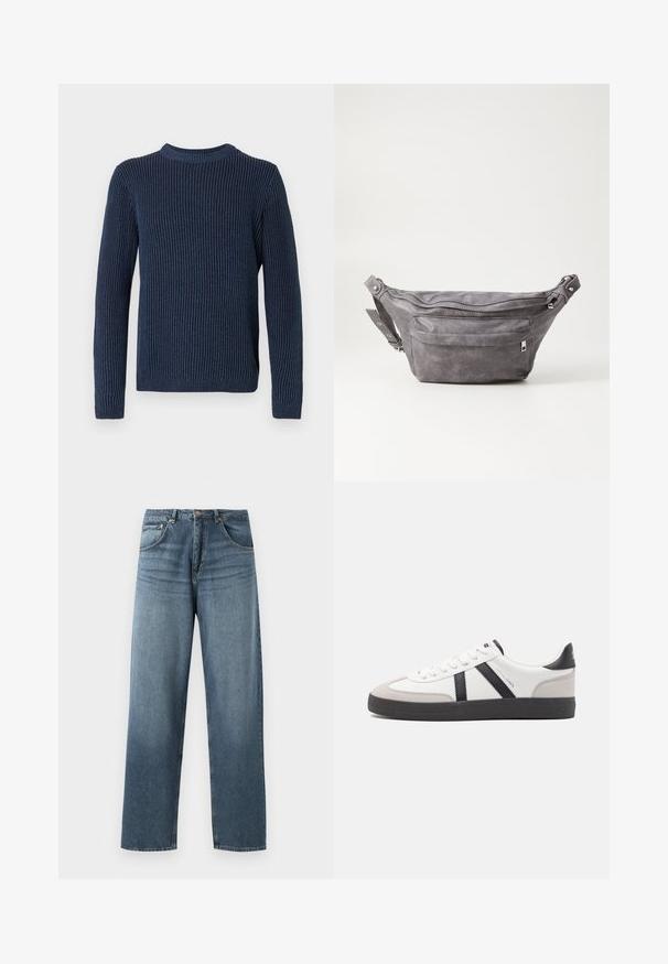 Tumši zila ribota adīta džemperis ar garām piedurknēm un apaļu apkakli. Ar teksturētu, vertikālu rakstu un nelielu logo pie apakšmalas.; Taisni kāju zili džinsi ar izbalējušu apdari, piecdesmit kabatu dizains, metalizēta pogu un jostas cilpas. Strukturēta, vidēji smaga auduma.; Baltas sneakeris ar melniem un pelēkiem akcentiem, kuram ir teksturēts pelēks purngals, melna gumijas zole un plakanas baltas šņores. Tīrs dizains, minimālisma stils.; Pelēks zamšādas jostas somiņa ar noapaļotu formu, divām kabatām ar rāvējslēdzējiem un regulējamu siksnu. Iekļauj metāla aksesuārus.