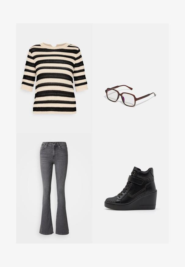 Object OBJNELLY - Jumper - sandshell stripes/black; Gray flared jeans featuring a high waist, button closure, five pockets, and subtle stitching accents. Made of denim with a smooth texture.; Black high-top wedge sneakers made of smooth leather, featuring lace-up front, adjustable strap, and decorative zip accents.; Brown, rectangular eyeglasses with transparent lenses and purple tints. Smooth plastic frame with straight temples and subtle accents.