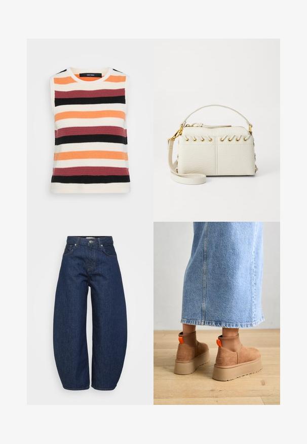 Ärmelloses Stricktop mit horizontalen Streifen in Orange, Creme, Bordeaux, Schwarz und Dunkelgrau. Strukturiertes Material mit Rundhalsausschnitt.; Dunkelblaue Denim-Jeans mit weitem, lockerem Schnitt. Verfügt über einen Reißverschluss, vier Taschen und kontrastierende Nähte entlang der Nähte.; Braune Wildleder-Plateau-Stiefel mit elastischen Seitenpaneelen und orangen Zuglaschen, kombiniert mit einem knielangen hellen Jeansrock auf einem Holzboden.; Weiße Kunstlederhandtasche mit einem oberen Reißverschluss, einem kurzen Griff und einem abnehmbaren Schultergurt mit goldfarbener Hardware. Seitliche Schnürdetails.; Silberne Creolen mit polierter Oberfläche, die kleine goldene Akzentdetails und eine runde Form aufweisen, am Ohrläppchen getragen.