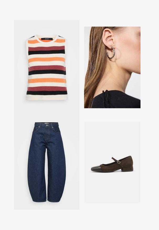 Sleeveless knitted top with horizontal stripes in orange, cream, burgundy, black, and dark gray. Textured fabric with a crew neckline.; High-waist dark blue denim jeans with wide legs, front button and zipper closure, and classic five-pocket design.; Brown suede Mary Jane shoe with a black patent leather toe cap, adjustable strap, and a low block heel. Smooth texture with minimal accents.; Silver hoop earring with a polished finish, featuring small gold accent details and a round shape, worn on the lobe.