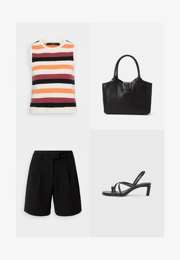 Hihaton neulepaita, jossa on vaakasuoria raitoja oranssina, kermanvärisenä, burgundina, mustana ja tummanharmaana. Rakenteellinen kangas, jossa on pyöreä pääntie.; Musta sävyllä muotoillut shortsit, jotka on valmistettu sileästä kankaasta. Niissä on korkea vyötärö, poimutuksia, vyölenkit ja sivutaskut sekä siisti leikkaus.; Mustat hihnalligat, joissa on neliön muotoinen kärki ja matala lohkokorko. Ominaisuuksiin kuuluu useita ohuita hihnoja ja säädettävä nilkkahihna. Valmistettu sileästä nahasta.; Musta nahkainen olkalaukku, jossa on sileä pinta, ryhdikäs muoto, kaksi kahvaa ja silmienpistävä hopeinen solkiyksityiskohta edessä.