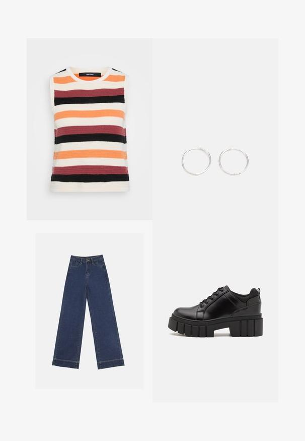 Hihaton neulepaita, jossa on vaakasuoria raitoja oranssina, kermanvärisenä, burgundina, mustana ja tummanharmaana. Rakenteellinen kangas, jossa on pyöreä pääntie.; Vyötäröltä leveät farkut tummansinisestä denimmateriaalista. Varustettu viidellä taskulla, vyölenkeillä ja näkyvillä sauman yksityiskohdilla. Raaka helma alareunassa.; Mustat nahkakengät, joissa on lättihenkinen korko, pyöreä kärki ja perinteinen nauhakiinnitys. Ominaisuuksiin kuuluu sileä pintakuvio ja minimaalinen yksityiskohtaisuus.; Hopea rengas korvakorut, joissa on tyylikäs, pyöreä muotoilu, tasainen pinta ja ilman näkyviä koristeita. Halkaisija ei ole määritelty.