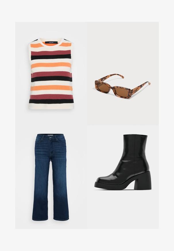 Ärmelloses Stricktop mit horizontalen Streifen in Orange, Creme, Bordeaux, Schwarz und Dunkelgrau. Strukturiertes Material mit Rundhalsausschnitt.; ONLY Petite ONLMADISON BLUSH WIDE - Wide Leg - dark blue denim; Schwarze Stiefeletten mit glänzender Oberfläche, quadratischer Zehenpartie und dicker Blockabsatz. Das Design zeichnet sich durch eine nahtlose Silhouette und minimalistische Markenkennzeichnung aus.; Schildpattsonnenbrille mit rechteckigen, braunen Gläsern, einem dicken Rahmen und schmalen Bügeln, die ein Muster aus verschiedenen Brauntönen aufweisen.; Silberne Creolen mit einem Schleifen-Design, einer glatten Oberfläche und einer polierten Textur. Kompakter, minimalistischer Stil, geeignet für verschiedene Anlässe.