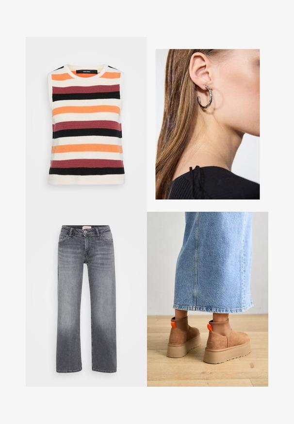 Top brez rokavov iz pletene tkanine s horizontalnimi črtami v oranžni, kremni, burgundski, črni in temno sivi barvi. Tekstuirana tkanina s krojnim ovratnikom.; Sivi traper hlače s ravnim krojem, pet žepov, rahlo zbledelo in z gumbom za zapiranje pri pasu.; Rjave suede platform čizme z elastičnimi stranskimi paneli in oranžnimi zankami, v kombinaciji s svetlobno denim krilom do kolen na lesenem tleh.; Srebrna obročasta uhana s polirano površino, ki vključuje majhne zlate poudarke in okroglo obliko, nošena na ušesnem lobu.