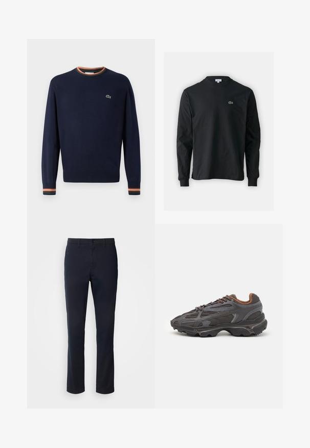 Navyblauer Pullover mit Rundhalsausschnitt, gerippten Bündchen mit grünen, orangefarbenen und weißen Streifen sowie einem kleinen gestickten Logo auf der Brust.; Schwarzes Langarm-T-Shirt aus Baumwolle, mit Rundhalsausschnitt und einem kleinen grünen, gestickten Krokodil-Logo auf der linken Brust.; Marineblaue Hosen aus glattem Material mit geradem Bein, Gürtelschlaufen und einer Knopfverschluss mit Reißverschluss.; Lacoste Sneaker in Dunkelgrau aus Mesh und Synthetikmaterial, mit einer strukturierten Sohle und braunen Akzenten am Kragen und Logo.