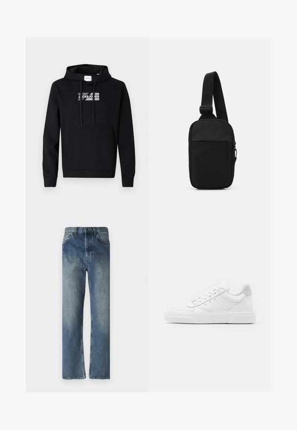 Sweatshirt à capuche noire en tissu doux, avec une poche kangourou sur le devant et un logo imprimé sur la poitrine. Manches longues avec bords-côtes.; Jeans en denim bleu avec une coupe droite, présentant un délavage, des passants de ceinture, des poches avant et une seule poche arrière.; Des baskets en cuir blanc avec une finition lisse, un bout rond, des lacets plats et une semelle texturée. Accents en daim gris au niveau du talon.; Sac bandoulière noir en tissu durable, avec une seule sangle ajustable, un compartiment principal zippé et une poche avant.